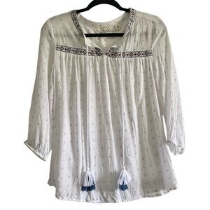 Caffe Marrakesh Embroidered Peasant Top White Boho Tassel Small